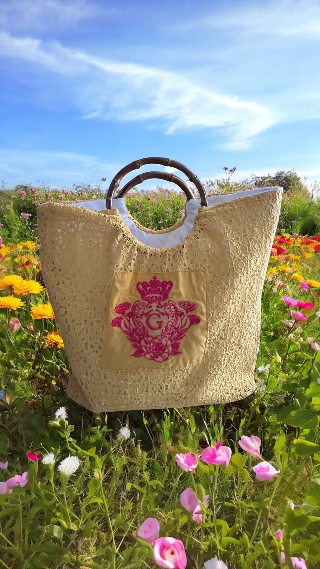 Sac Marie-Anne Jaune doublure blanche coton et son logo Rose 🌹