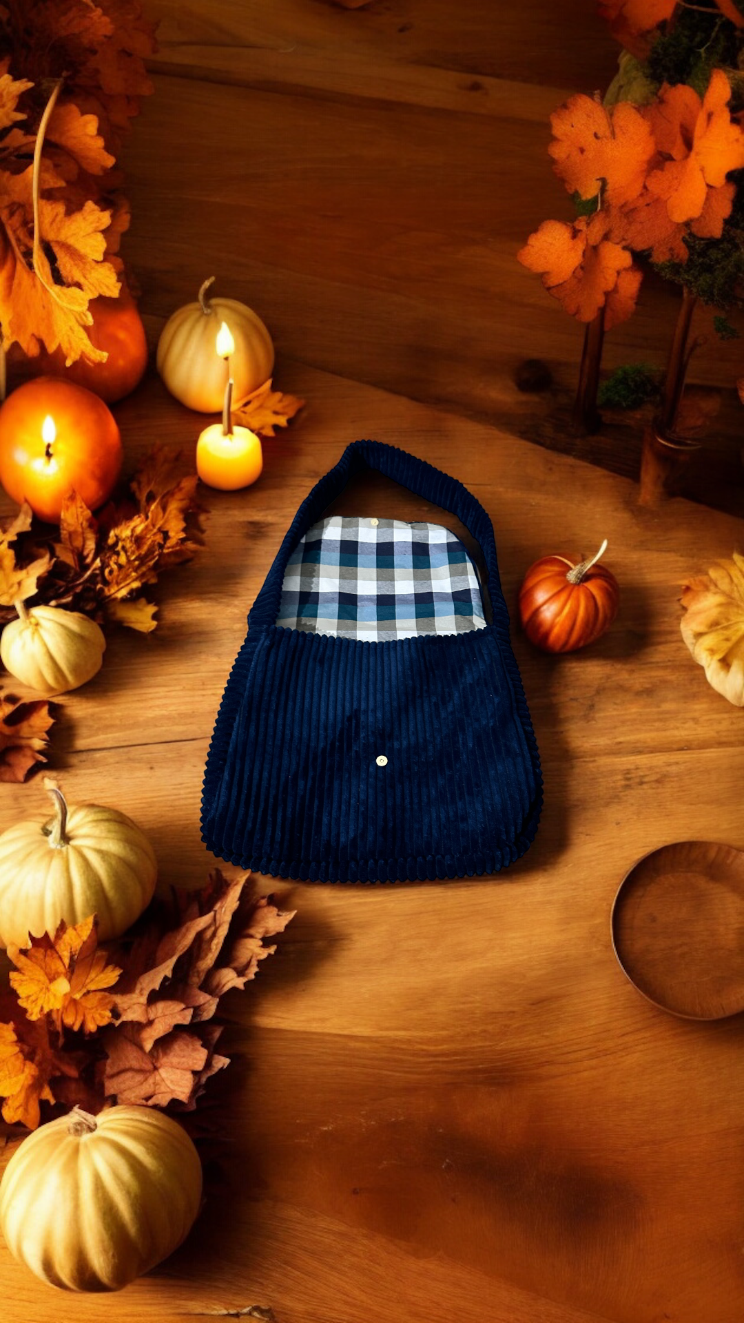 Sac modèle « Morgan »couleur Bleu marine intérieur à carreaux et sa broderie dorée