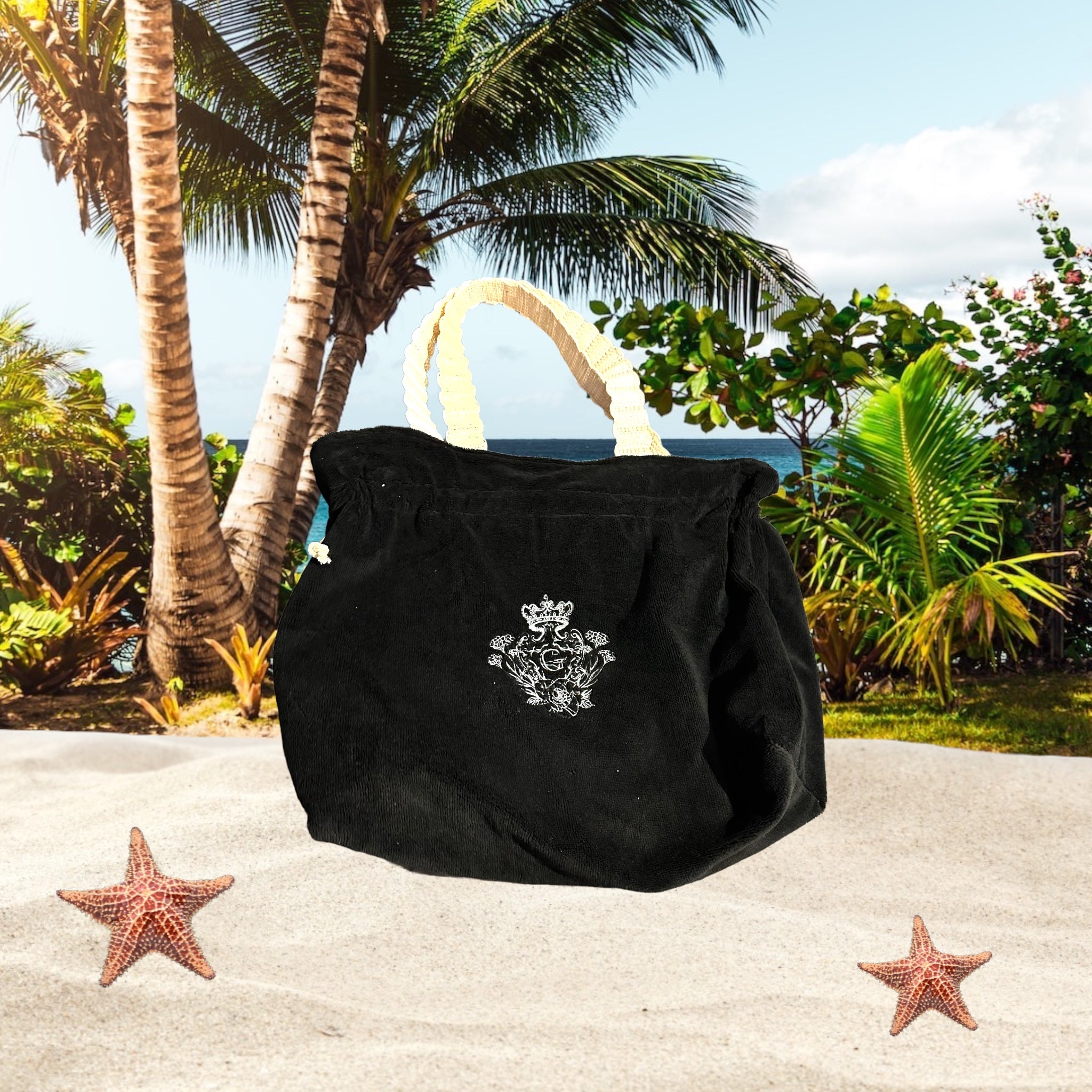 Modèle sac cabas XL en éponge Bambou de couleur Noir intérieur en cretonne enduite Thème Fleurs du paradis Logo Blanc