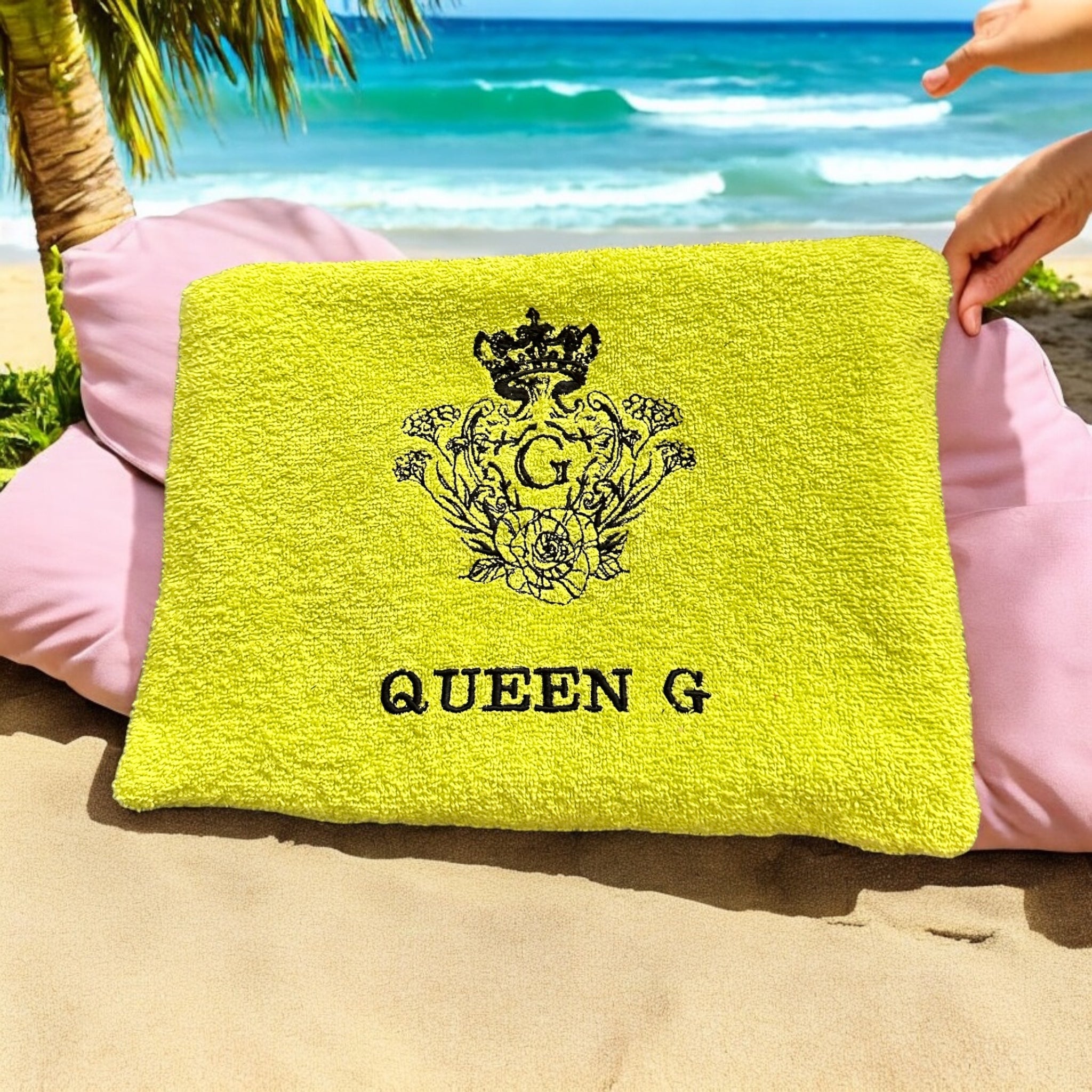 Pochette XL en éponge Bonie Vert Pomme intérieur en cretonne enduite thème feuillage Logo Noir