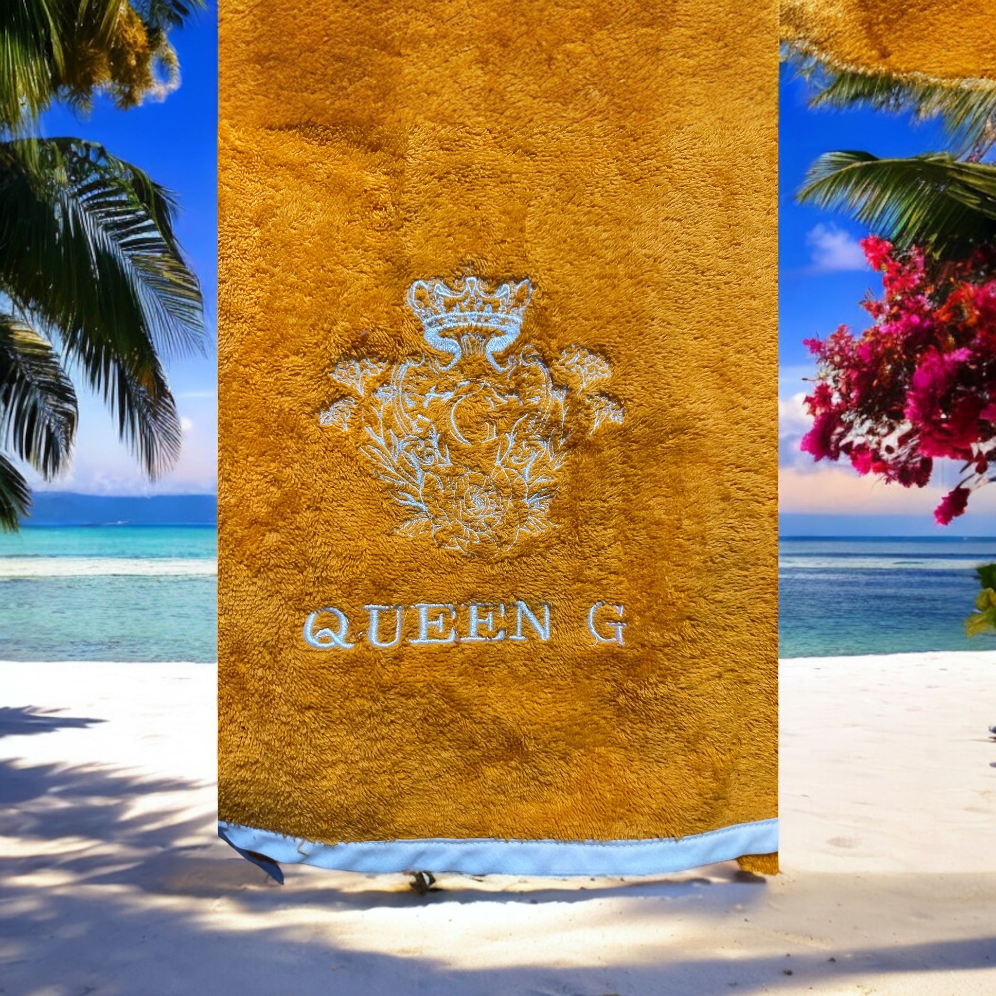 Serviette de Plage en éponge Orange Oeko-Tex certifié Logo brodé de couleur Blanc