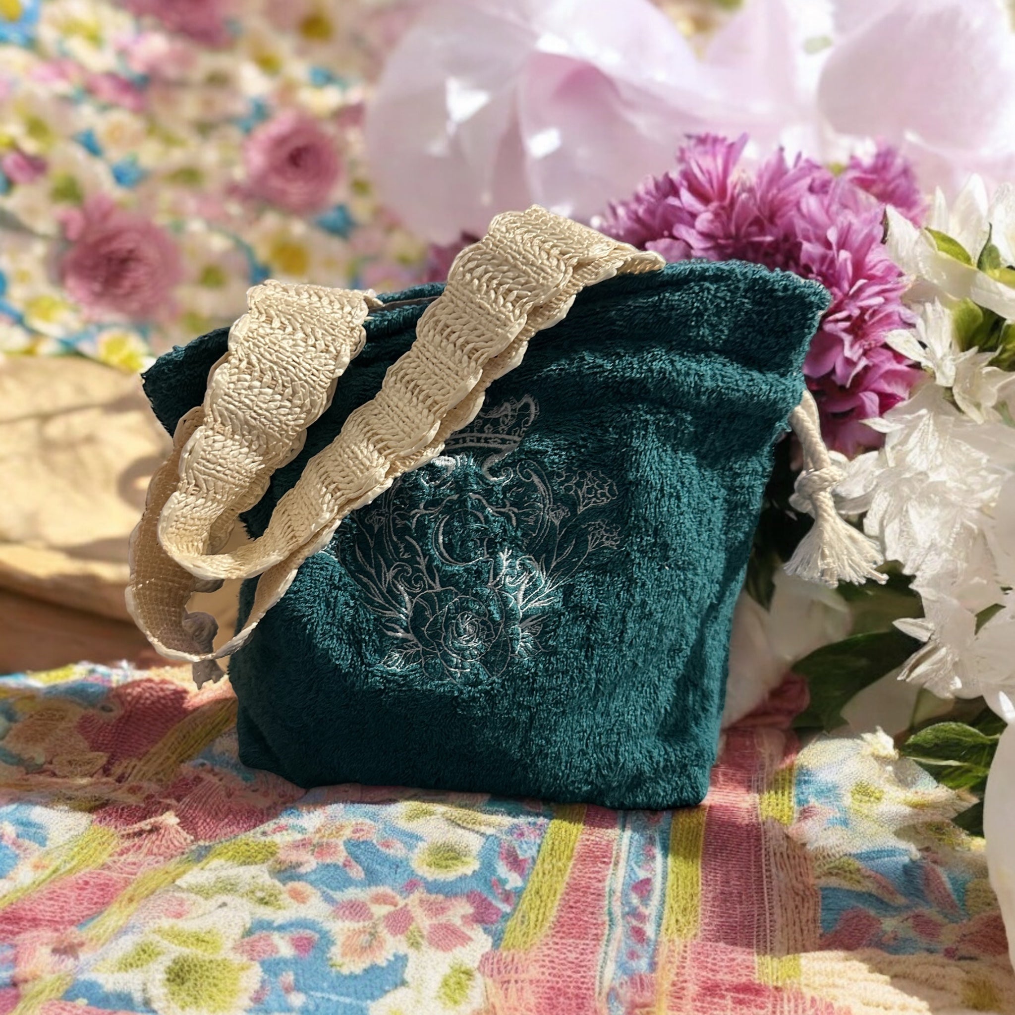 Modèle Mini sac cabas en éponge Verte intérieur en cretonne enduite Argentée Logo Argent