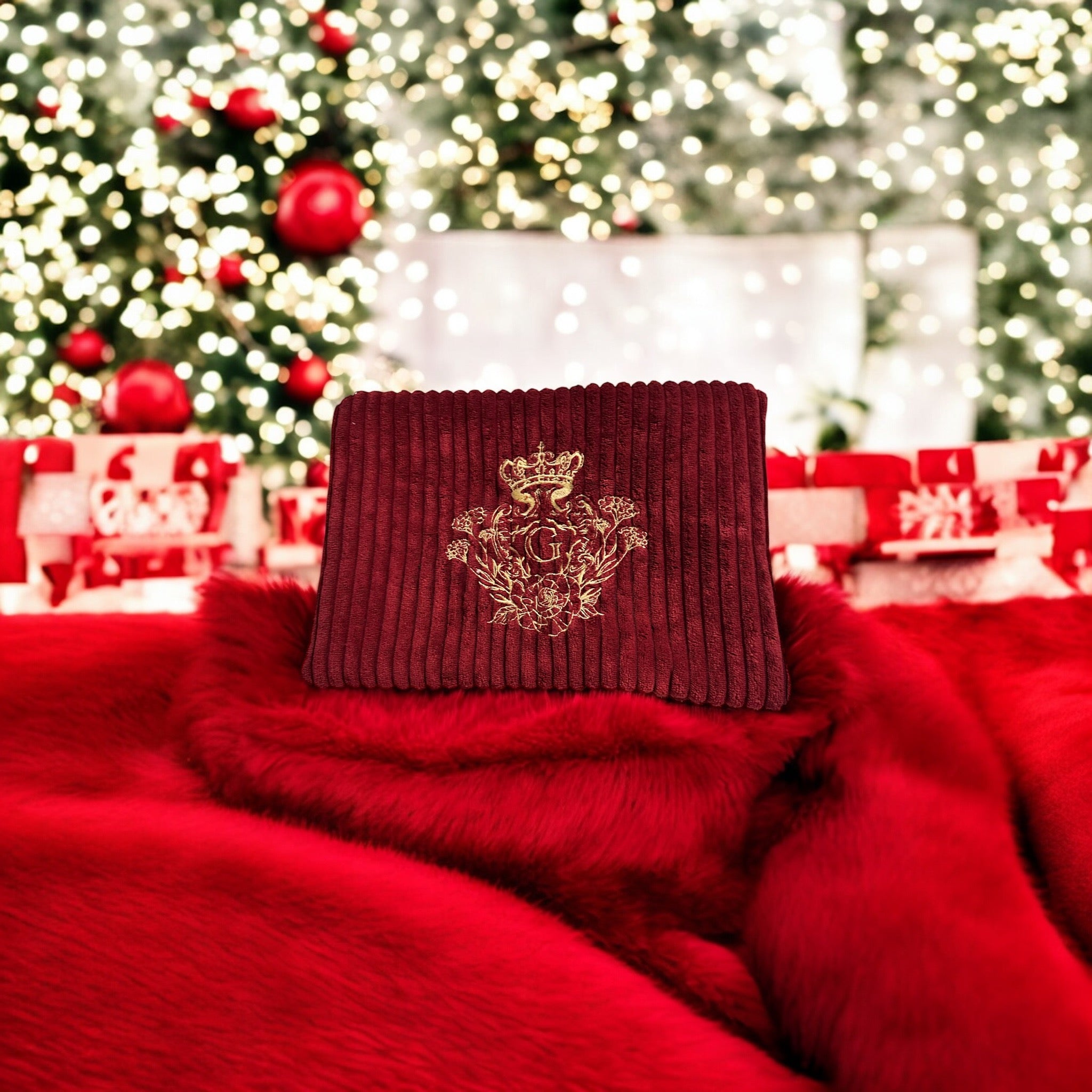 Pochette velours côtelé modèle « Maddie »couleur Rouge intérieur en coton blanc ,étoiles dorées et son logo Doré