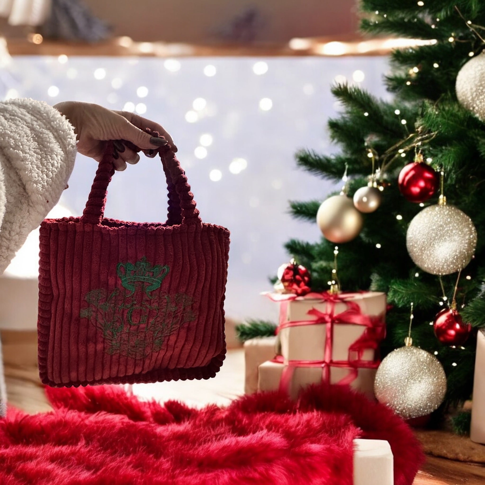 Sac à main de couleur Rouge intérieur coton et sa broderie Verte