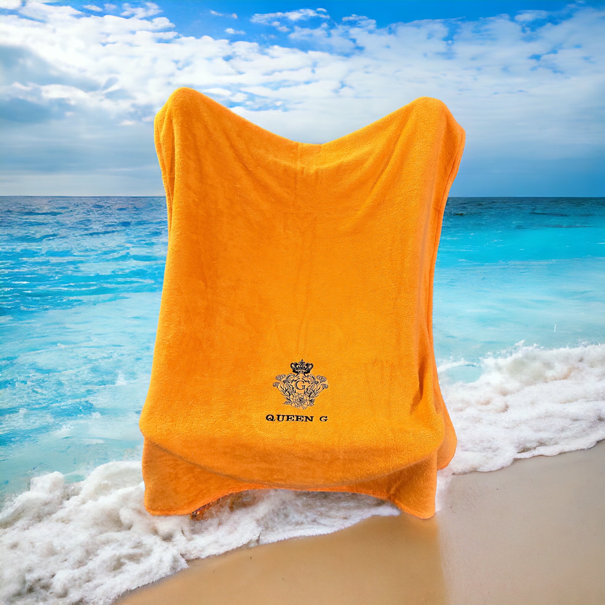 Serviette de Plage en éponge Orange Oeko-Tex certifié Logo brodé de couleur Noir