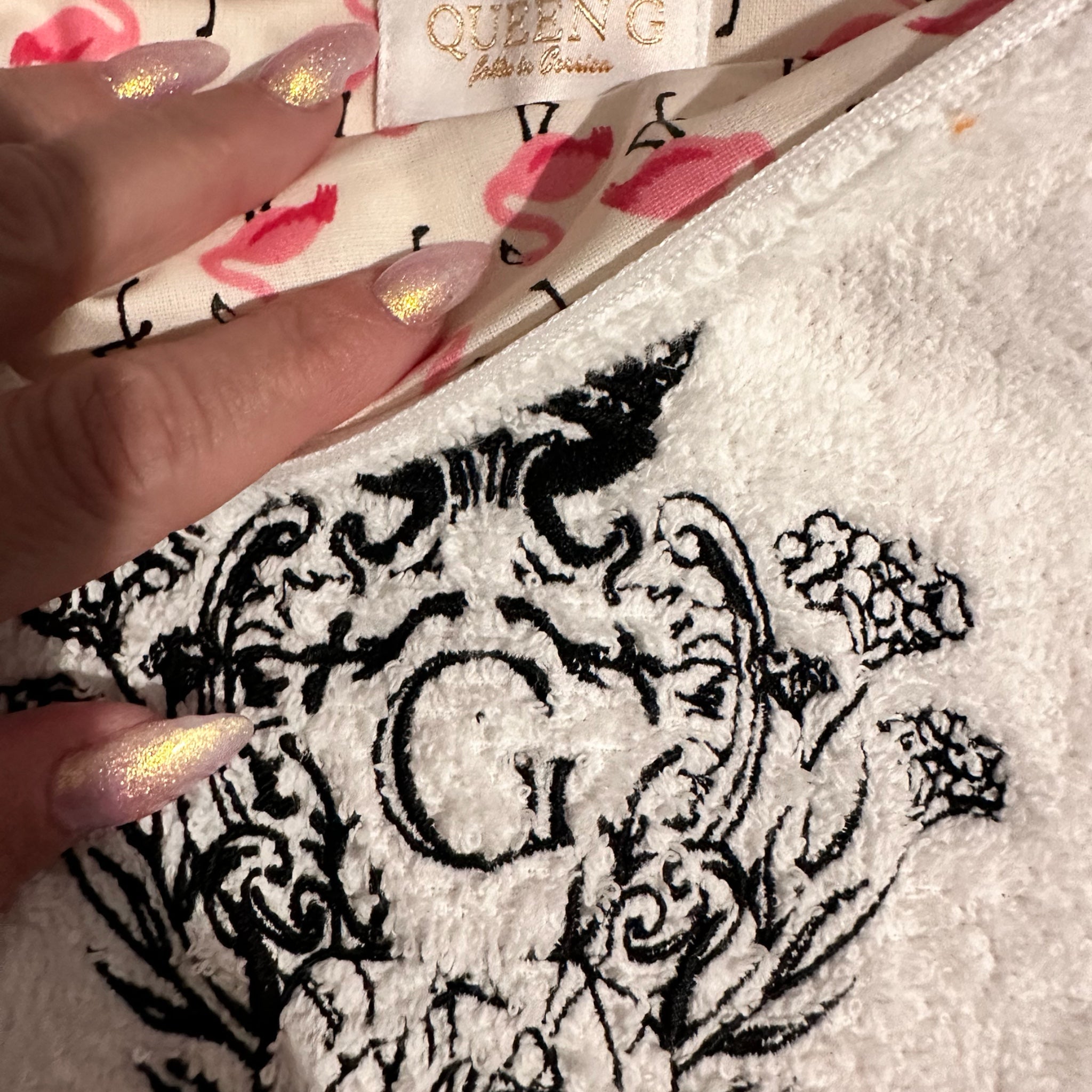 Pochette XL en éponge Blanche interieur en cretonne enduite thème flamant Rose logo Noir