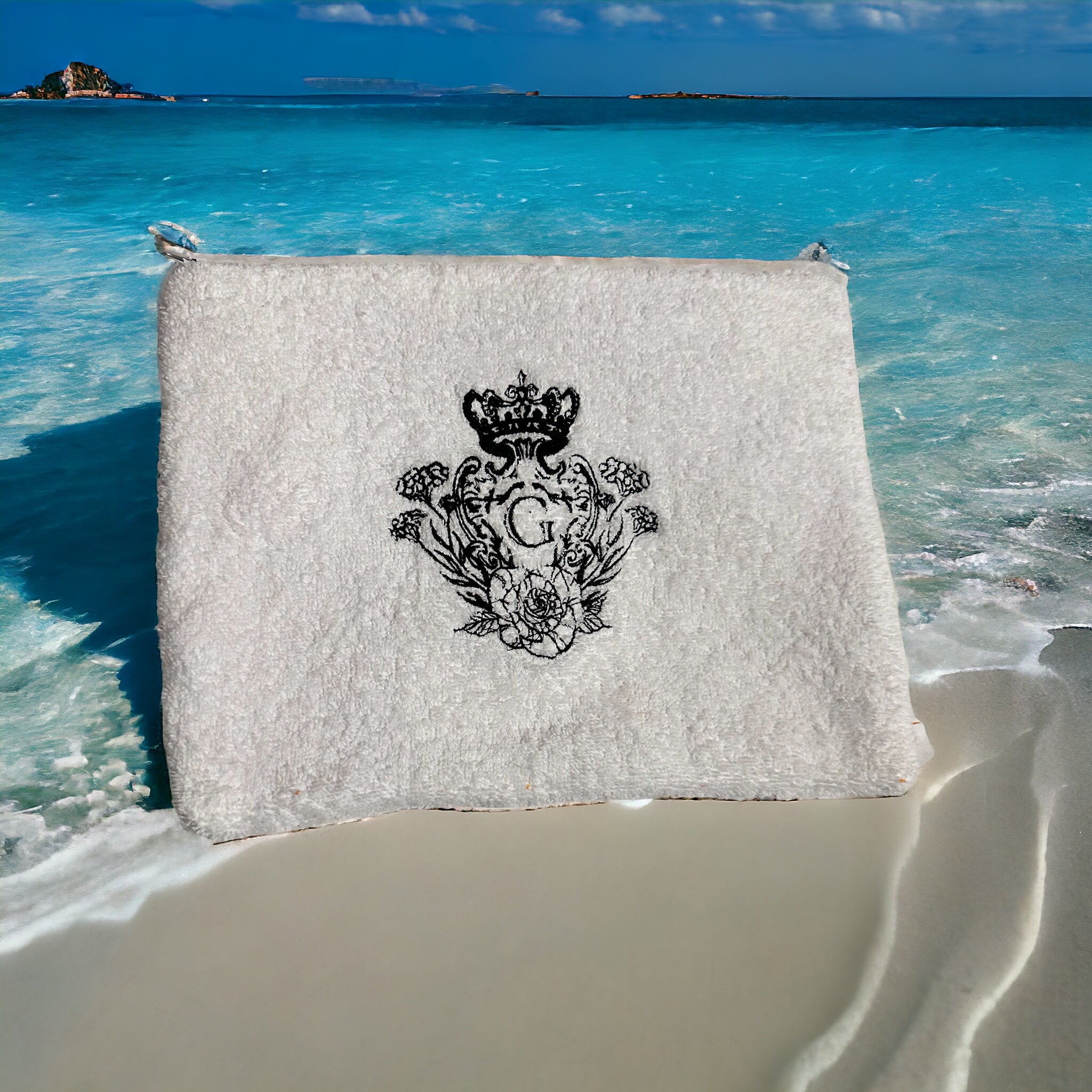 Pochette XL en éponge Blanche interieur en cretonne enduite thème flamant Rose logo Noir
