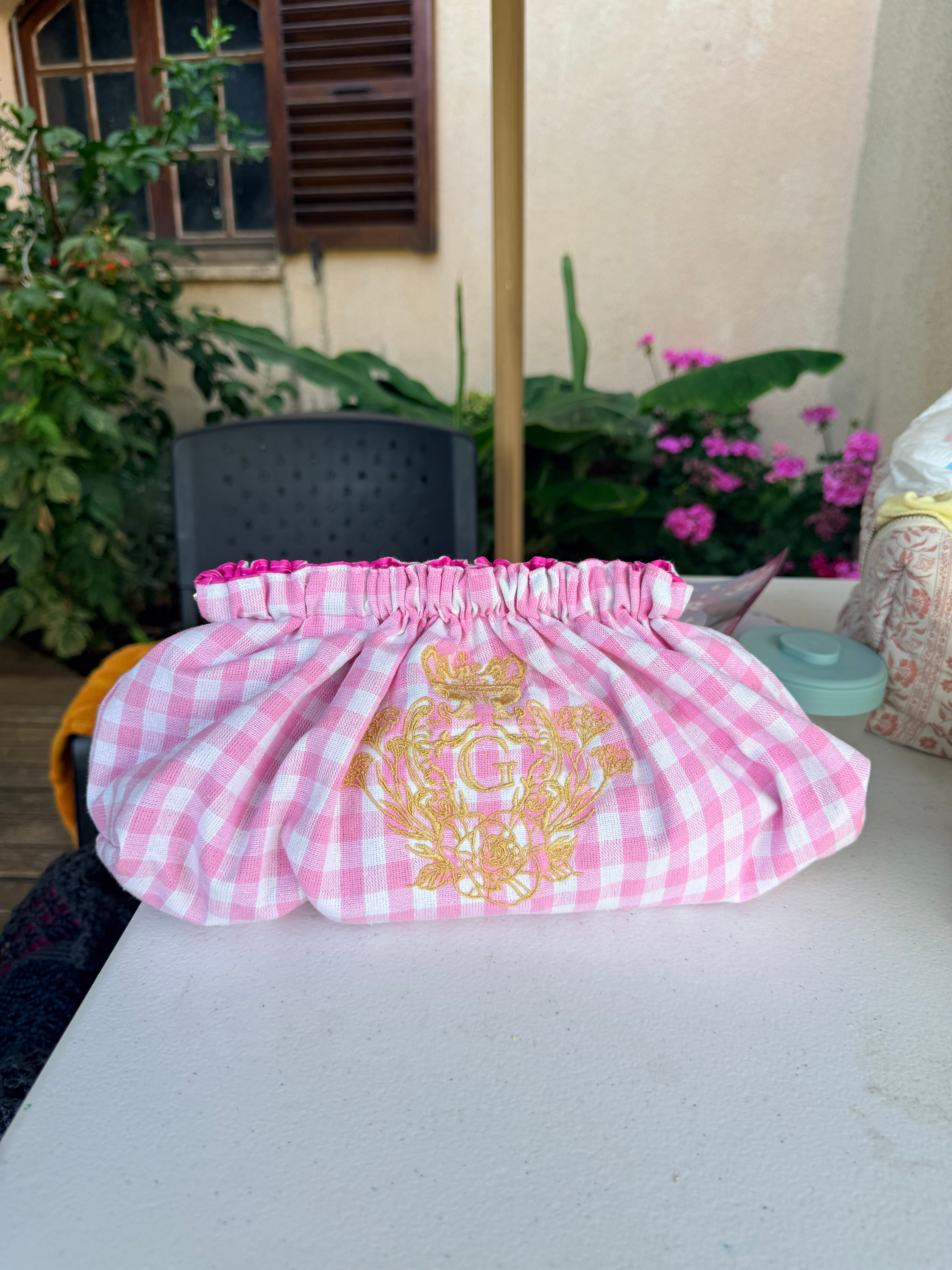 Pochette Vichy Rose  – Signature dorée