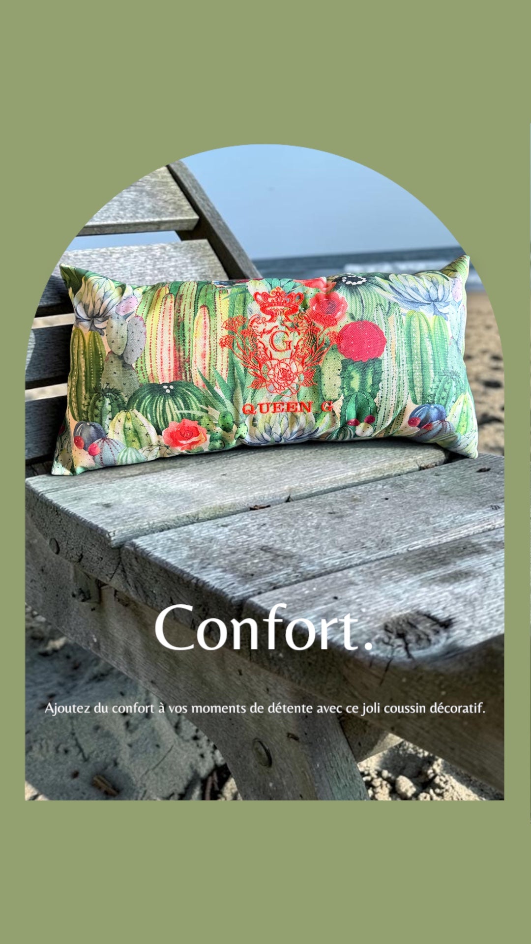 Coussin Queen G XXL– Jardin Tropical & Logo corail 🪸