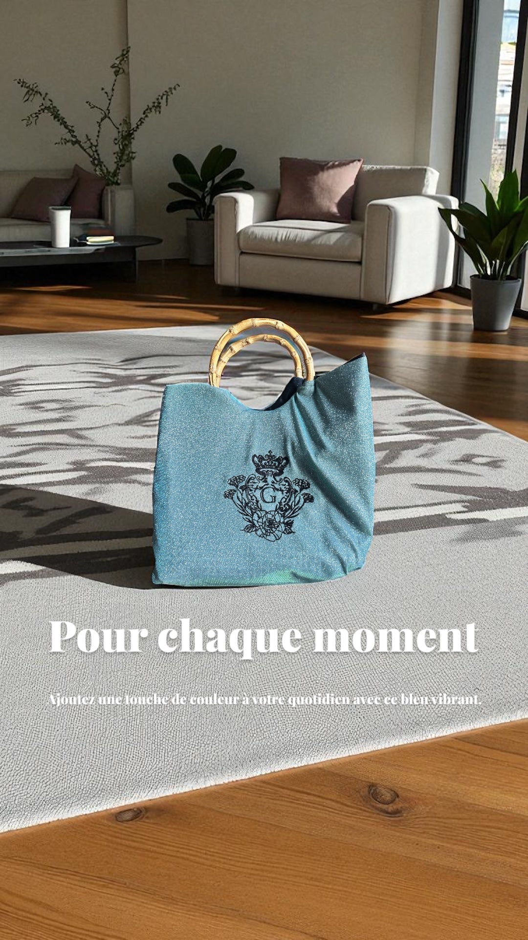 Sac bleu scintillant doublure deperlante noir anse en bambou et son logo Noir