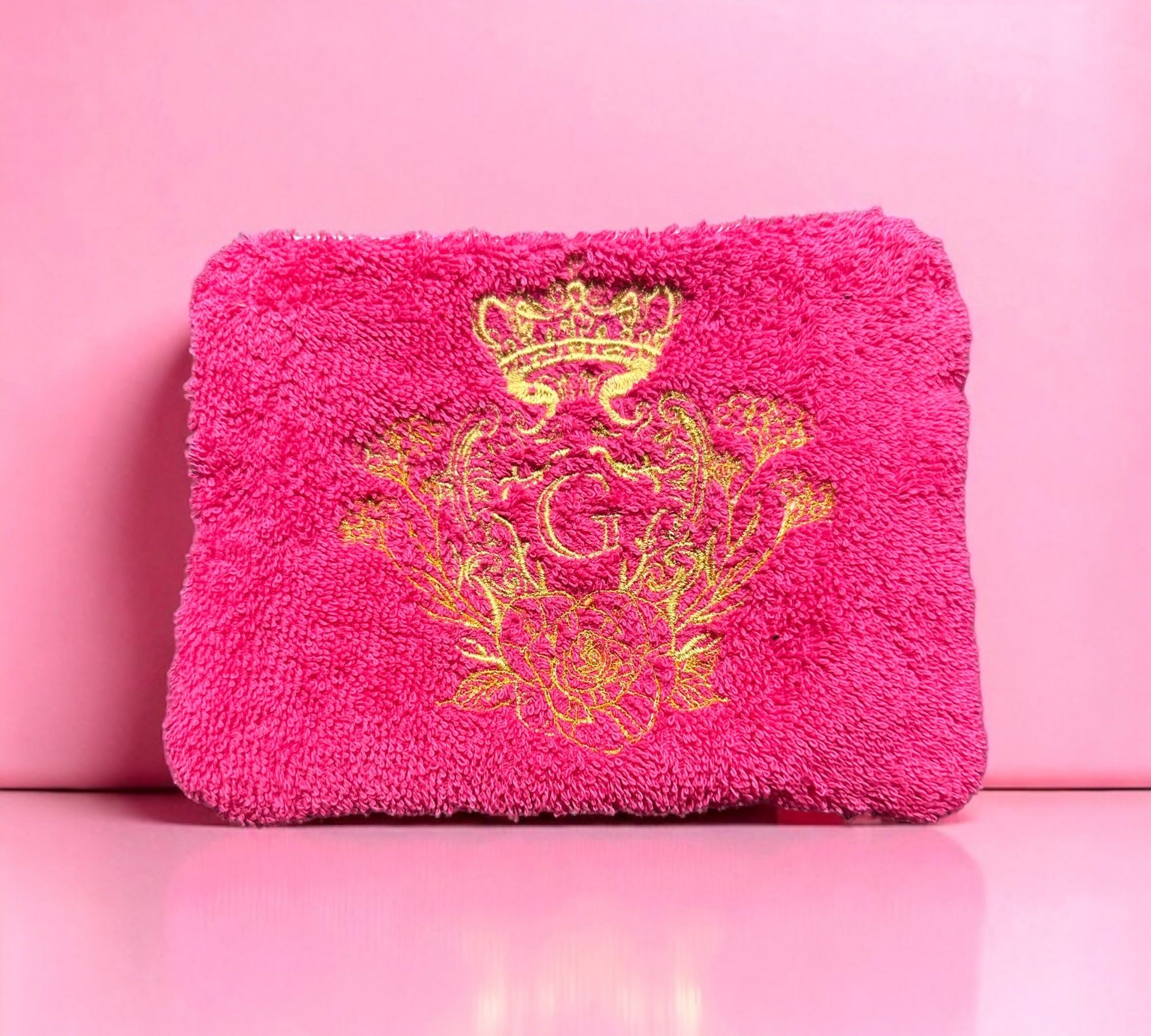 Pochette S en éponge Rose intérieur en cretonne enduite thème coquelicots logo Doré