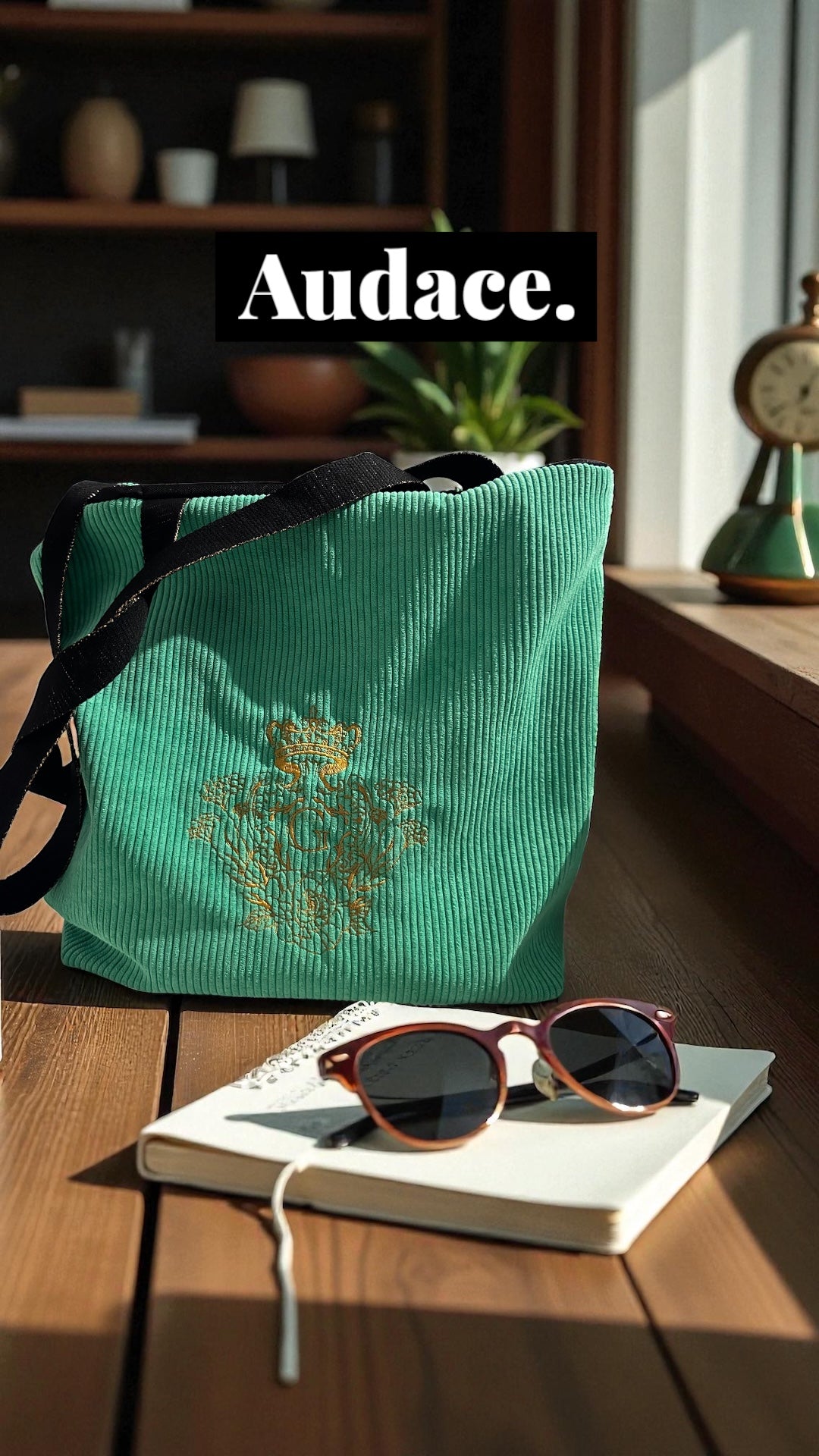 Modèle sac cabas moyen en velours côtelé Vert et son logo doré