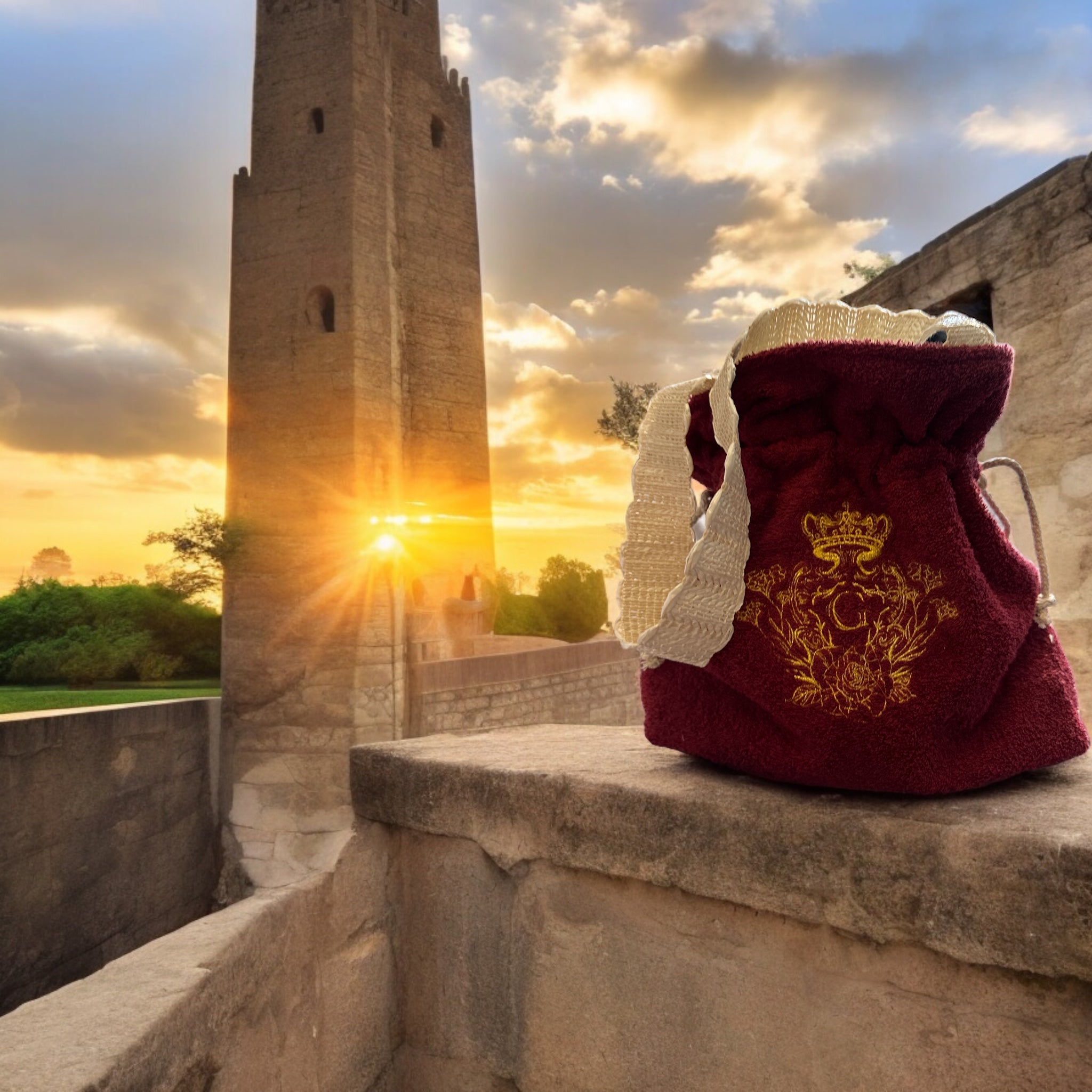 Modèle sac cabas moyen en éponge Bordeaux intérieur en cretonne enduite dorée et son logo Doré