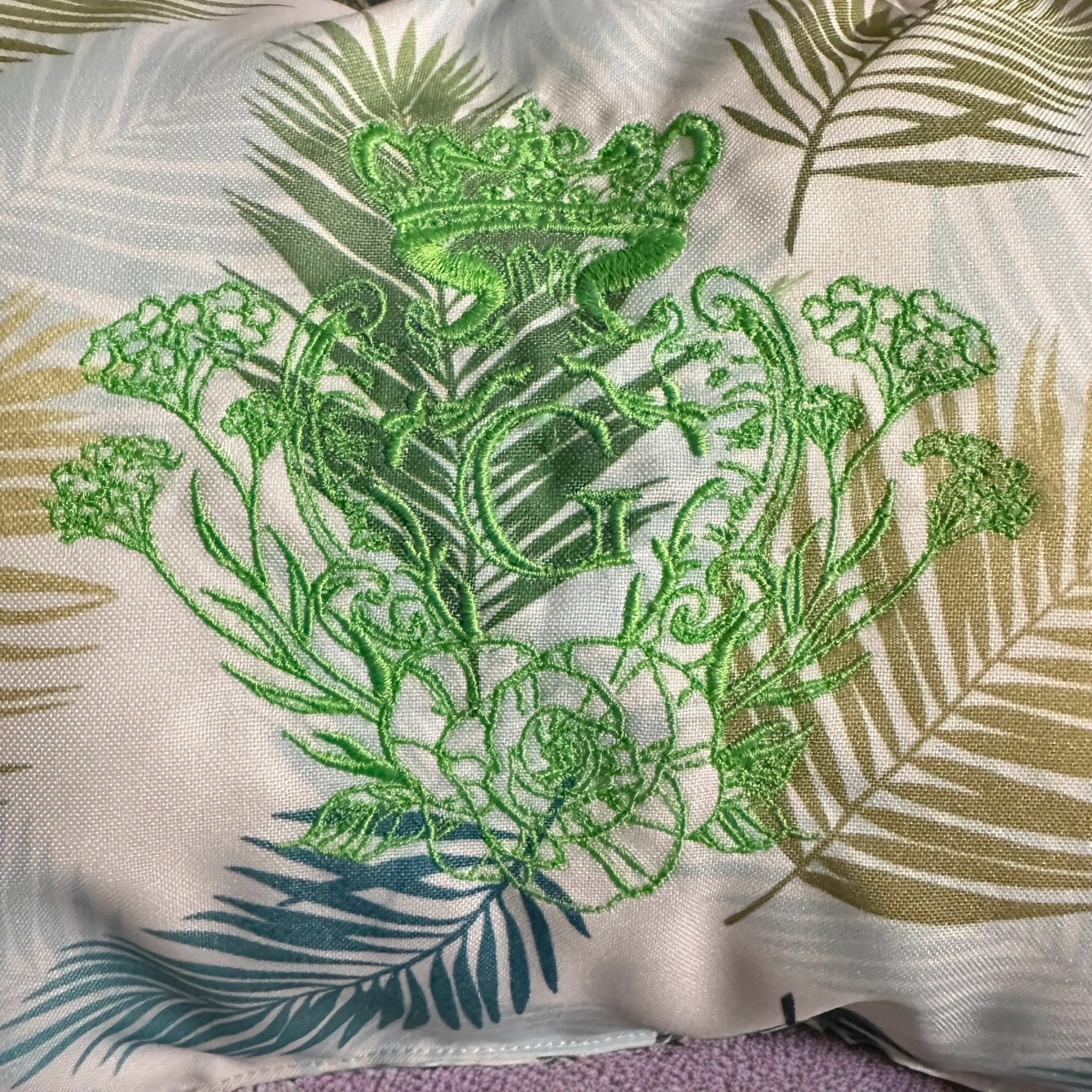 Coussin de plage en cretonne enduite Thème Feuillage et son logo Vert Fluo