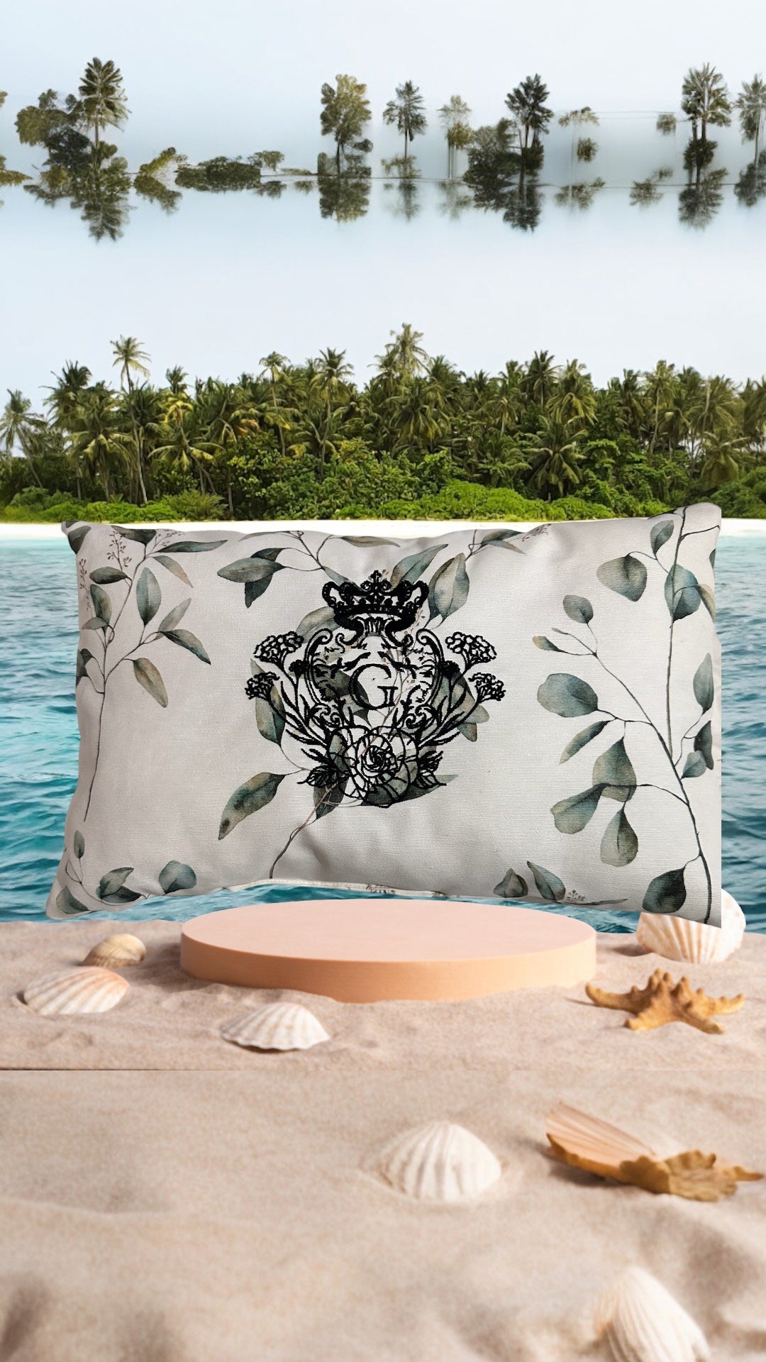 Coussin de plage en cretonne enduite Blanche et Verte thème Nature et son logo Noir