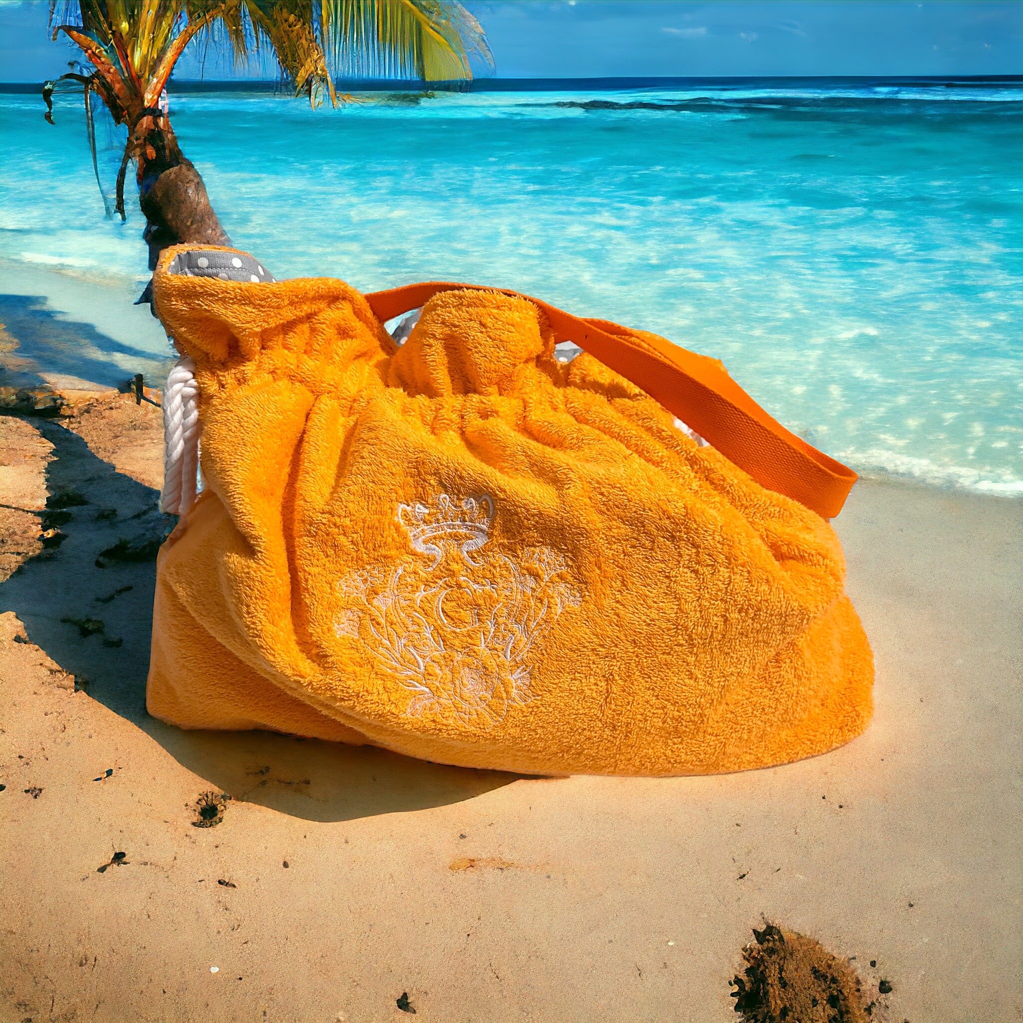 Modèle sac cabas XL éponge coton Orange intérieur en cretonne enduite Grise petits pois et son logo Blanc