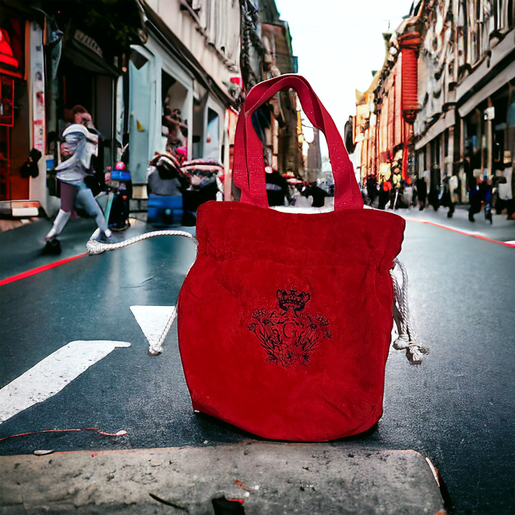 Modèle sac cabas moyen en éponge Bambou de couleur Rouge Passion intérieur en cretonne enduite rayé et son logo Noir